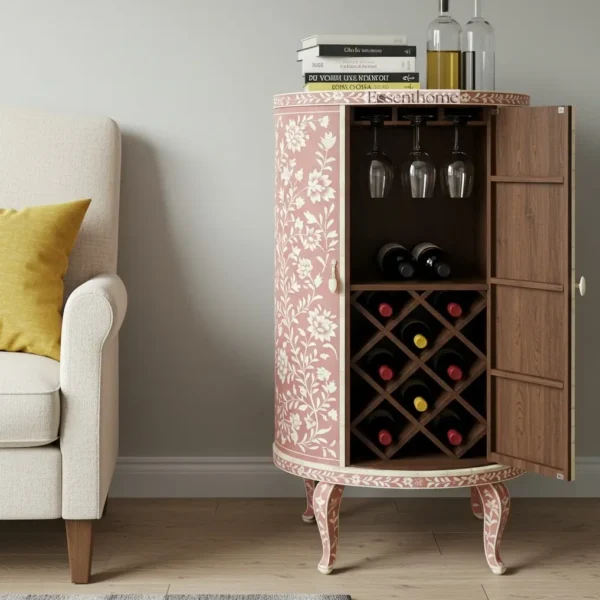 Pink Floral Bone Inlay Wine Cabinet –Handmade bone inlay wine storage - Image 5