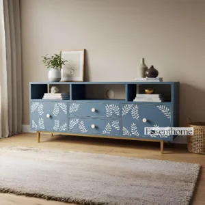Essenthome Blue Floral Inlay Wooden TV Unit ? Handcrafted Media Console with Storage