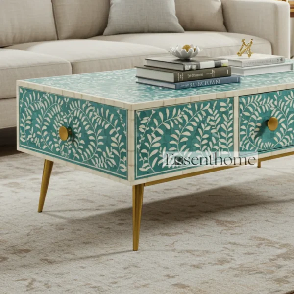 Essenthome Teal Bone Inlay Coffee Table with Storage & Brass Legs - Image 6