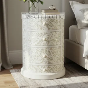 Essenthome White Floral Mother of Pearl Round Nightstand ? Handmade 4-Drawer Bedside Table