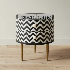 Essenthome black Round Nightstand ? Handcrafted Chevron Pattern Bedside Table