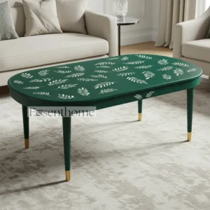 Round Green Bone Inlay Coffee Table – White Leaf Design