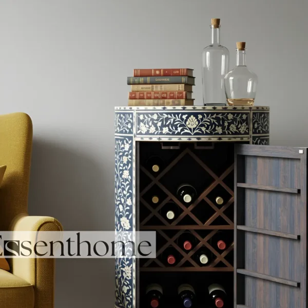 Essenthome Blue Floral Bone Inlay Wine Wooden End Table - Image 6