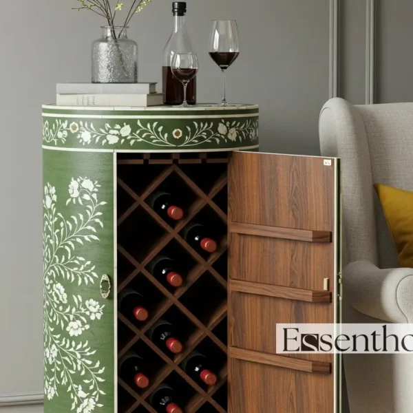 Essenthome Pink Floral Bone Inlay Wine Cabinet – Handmade bar storage cabinet with Glass & Bottle Holders - Image 6