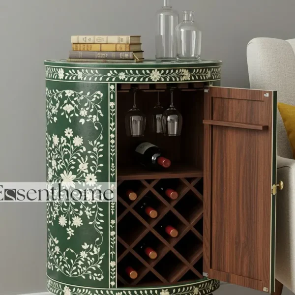 Essenthome Green floral bone inlay wine cabinet – Handcrafted Wooden End Table - Image 6