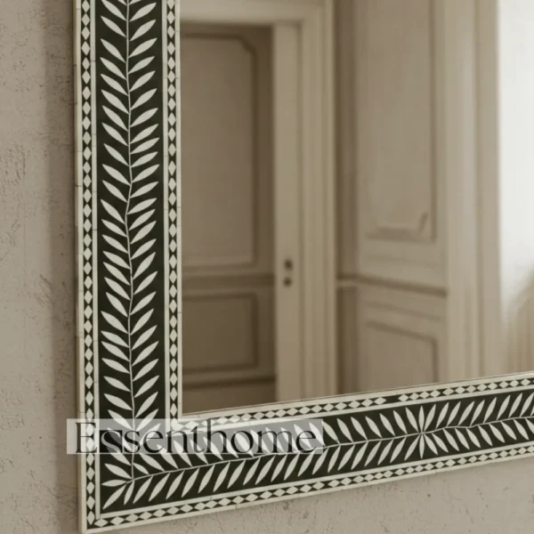 Essenthome Black Bone Inlay Wall Mirror ? Handmade Floral Leaf Pattern Rectangle Frame - Image 4