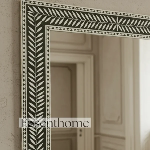 Essenthome Black Bone Inlay Wall Mirror ? Handmade Floral Leaf Pattern Rectangle Frame - Image 5