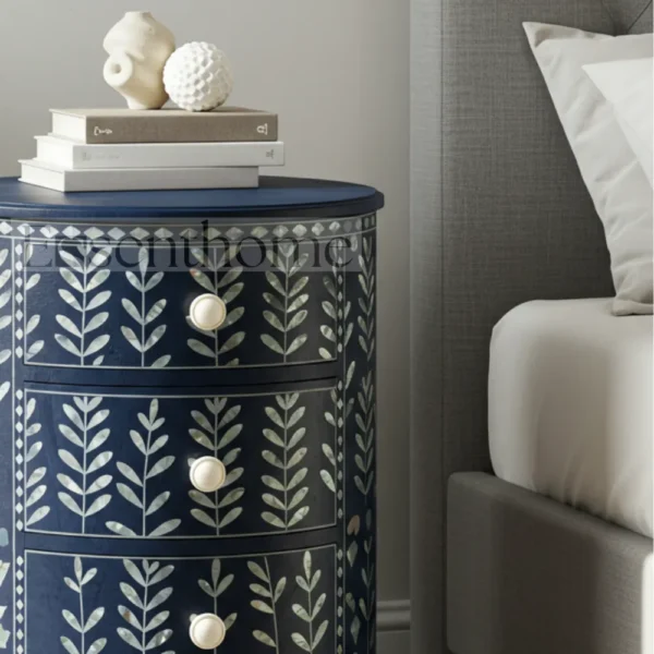 ?Handmade White Mother of Pearl Nightstand ? Floral Inlay, 4 Drawer? - Image 3