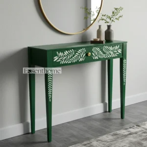 Handcrafted Green Bone Inlay Console Table in Wood ? Botanical Leaf Pattern by Essenthome