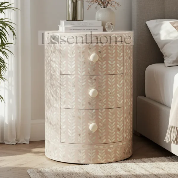Floral Bone Inlay Round Nightstand ? 3 Drawer