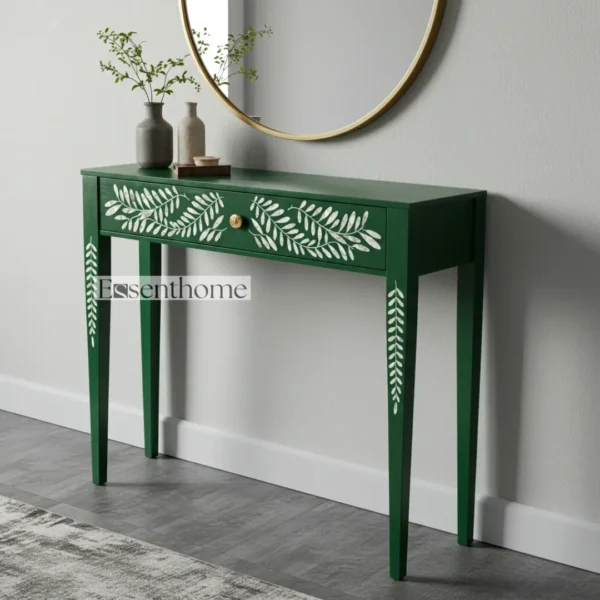 Handcrafted Green Bone Inlay Console Table in Wood ? Botanical Leaf Pattern by Essenthome - Image 2