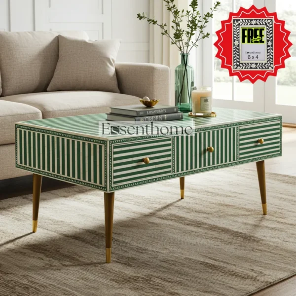 Handmade Wooden Coffee Table Green Stripes Luxury Centre Table + Free Frame