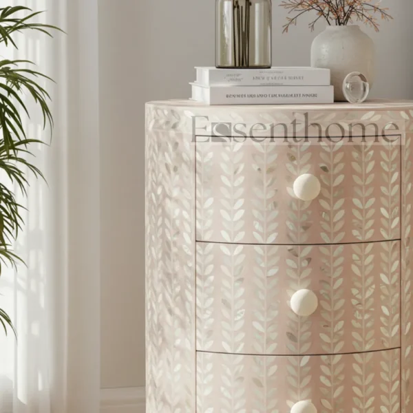 Floral Bone Inlay Round Nightstand ? 3 Drawer - Image 2
