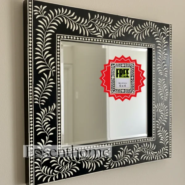 Handmade Bone Inlay Mirror ? Black Floral Leaf Pattern Rectangle Frame