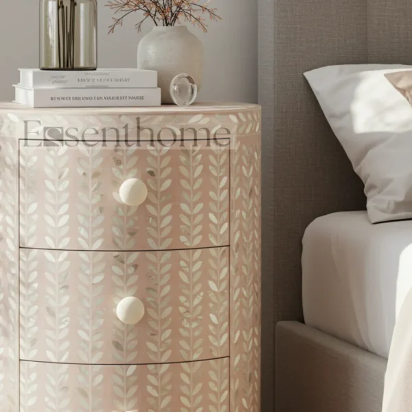 Floral Bone Inlay Round Nightstand ? 3 Drawer - Image 3