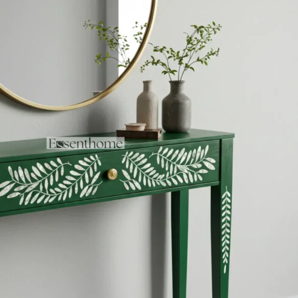 Handcrafted Green Bone Inlay Console Table in Wood ? Botanical Leaf Pattern by Essenthome - Image 4