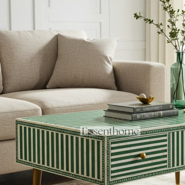 Handmade Wooden Coffee Table Green Stripes Luxury Centre Table + Free Frame - Image 3