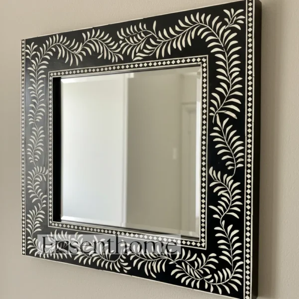 Handmade Bone Inlay Mirror ? Black Floral Leaf Pattern Rectangle Frame - Image 2