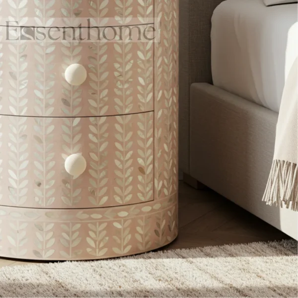 Floral Bone Inlay Round Nightstand ? 3 Drawer - Image 4
