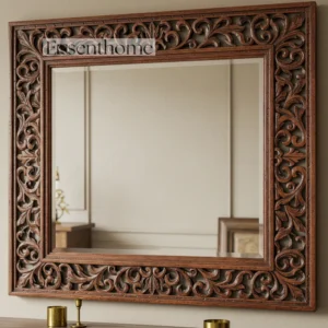 Rustic Handcarved Wooden Mirror – Intricate Floral Frame