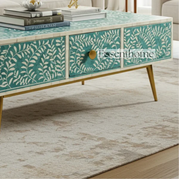 Essenthome Teal Bone Inlay Coffee Table with Storage & Brass Legs - Image 7