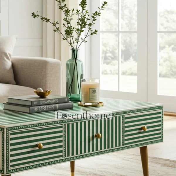 Handmade Wooden Coffee Table Green Stripes Luxury Centre Table + Free Frame - Image 4