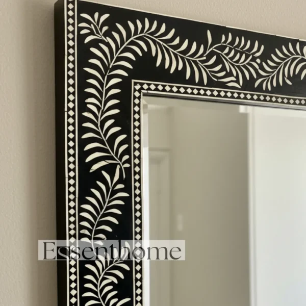 Handmade Bone Inlay Mirror ? Black Floral Leaf Pattern Rectangle Frame - Image 3