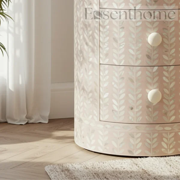 Floral Bone Inlay Round Nightstand ? 3 Drawer - Image 5