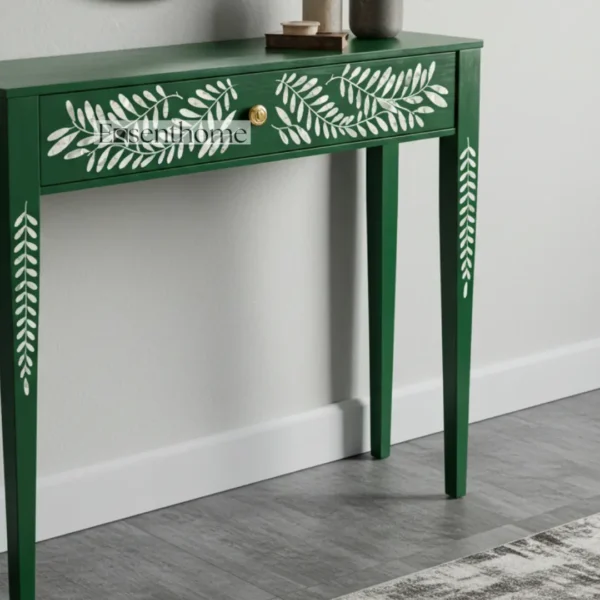 Handcrafted Green Bone Inlay Console Table in Wood ? Botanical Leaf Pattern by Essenthome - Image 6
