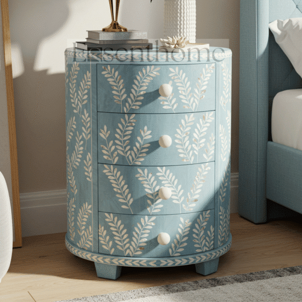 ?Handmade White Mother of Pearl Nightstand ? Floral Inlay, 4 Drawer?