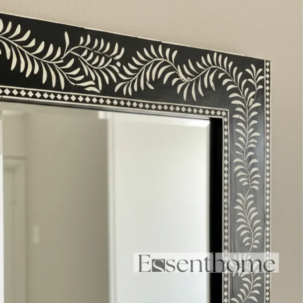 Handmade Bone Inlay Mirror ? Black Floral Leaf Pattern Rectangle Frame - Image 4