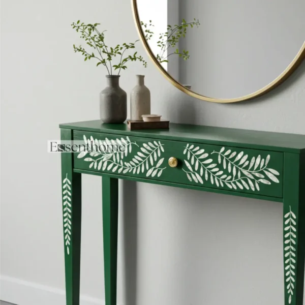 Handcrafted Green Bone Inlay Console Table in Wood ? Botanical Leaf Pattern by Essenthome - Image 7