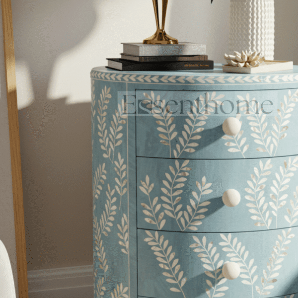 ?Handmade White Mother of Pearl Nightstand ? Floral Inlay, 4 Drawer? - Image 2