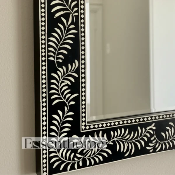 Handmade Bone Inlay Mirror ? Black Floral Leaf Pattern Rectangle Frame - Image 5