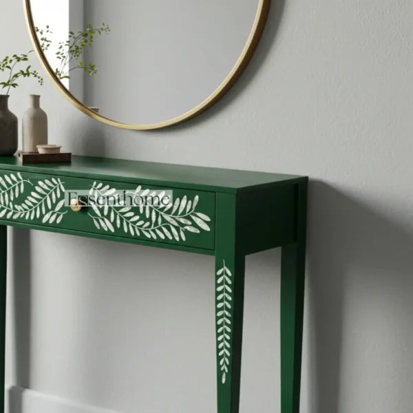 Handcrafted Green Bone Inlay Console Table in Wood ? Botanical Leaf Pattern by Essenthome - Image 8