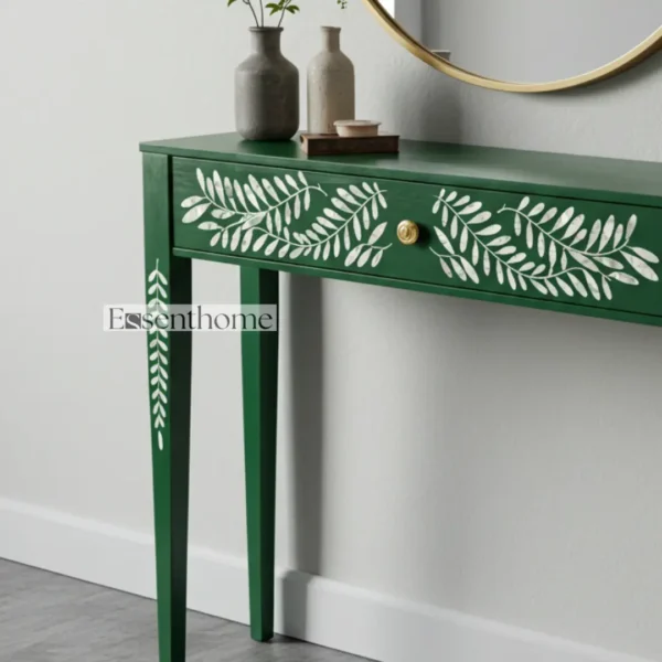 Handcrafted Green Bone Inlay Console Table in Wood ? Botanical Leaf Pattern by Essenthome - Image 9