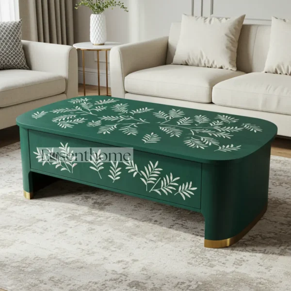Green Bone Inlay Coffee Table with Brass Finish Base ? Round Handmade Accent Table for Living Room