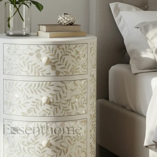 Essenthome White Floral Mother of Pearl Round Nightstand ? Handmade 4-Drawer Bedside Table - Image 3