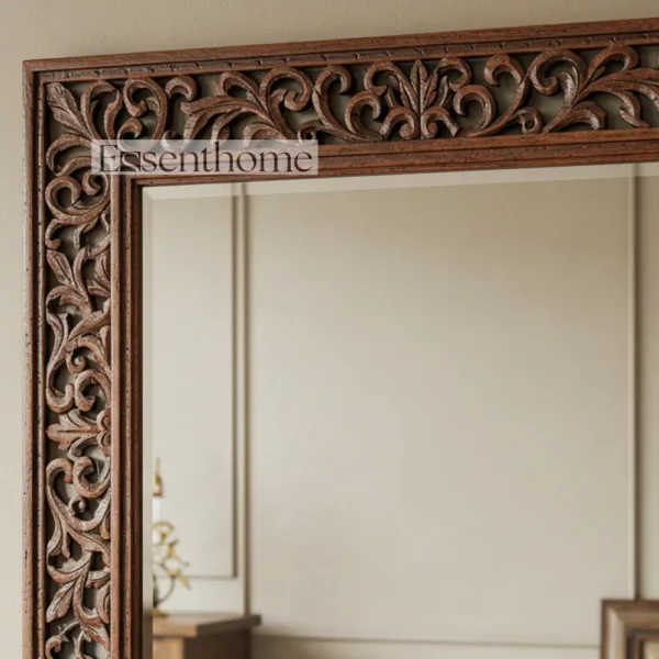 Rustic Handcarved Wooden Mirror – Intricate Floral Frame - Image 2