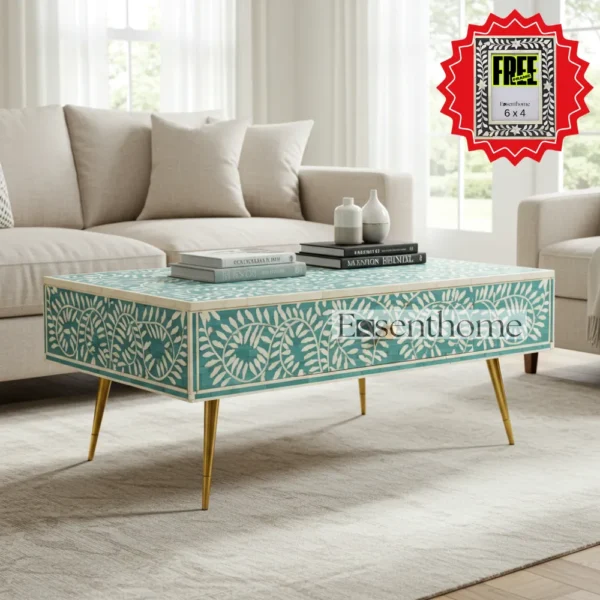 Handmade Bone Inlay Floral Coffee Table ? Teal Green with Drawers