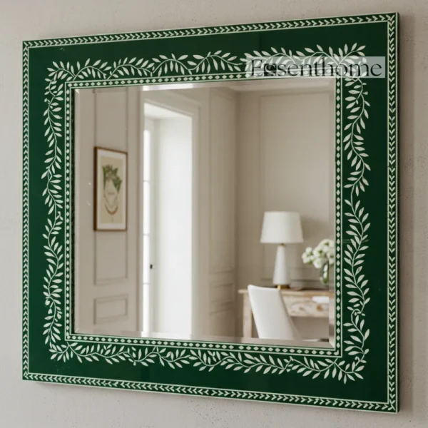 Handmade Bone Inlay Wall Mirror Floral Pattern Green ? Free Photo Frame - Image 2