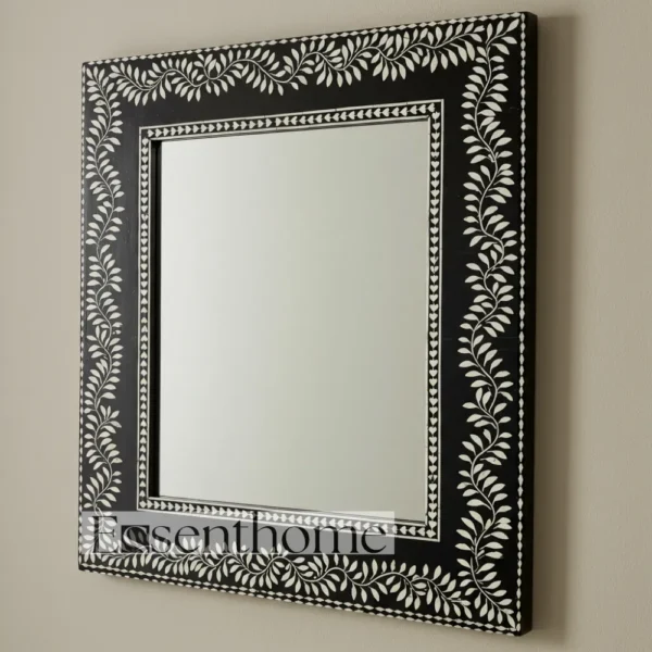Bone Inlay Wall Mirror ? Black Rectangle Handmade Frame by Essenthome - Image 2