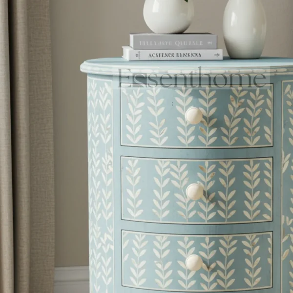 ?Handmade Blue Mother of Pearl Nightstand ? 4-Drawer Floral Inlay Bedside Table? - Image 2