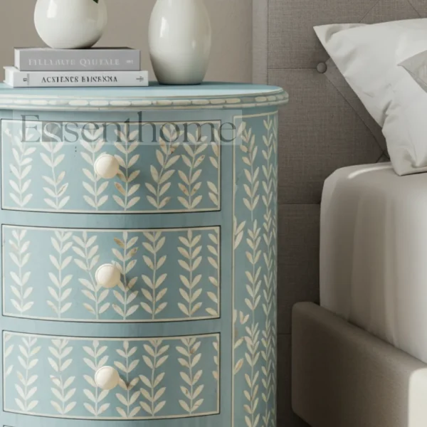 ?Handmade Blue Mother of Pearl Nightstand ? 4-Drawer Floral Inlay Bedside Table? - Image 3