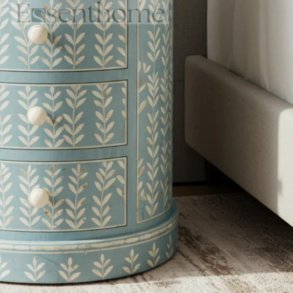 ?Handmade Blue Mother of Pearl Nightstand ? 4-Drawer Floral Inlay Bedside Table? - Image 4