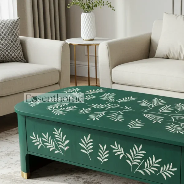 Green Bone Inlay Coffee Table with Brass Finish Base ? Round Handmade Accent Table for Living Room - Image 2