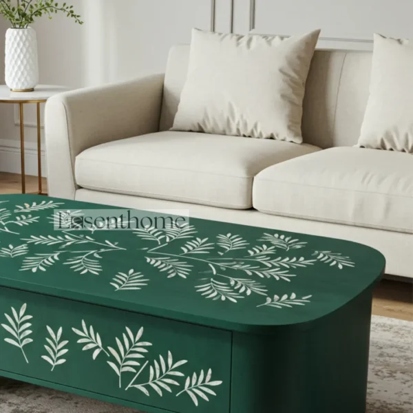 Green Bone Inlay Coffee Table with Brass Finish Base ? Round Handmade Accent Table for Living Room - Image 3