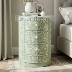 ?Handmade Green Mother of Pearl Nightstand ? 4-Drawer Floral Inlay Bedside Table?