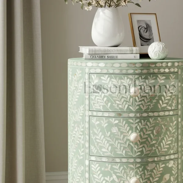 ?Handmade Green Mother of Pearl Nightstand ? 4-Drawer Floral Inlay Bedside Table? - Image 2