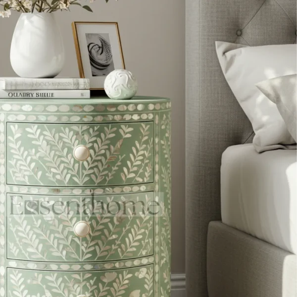 ?Handmade Green Mother of Pearl Nightstand ? 4-Drawer Floral Inlay Bedside Table? - Image 3
